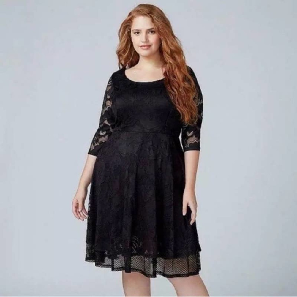 Lane Bryant Lace Fit & Flare Dress Size 20 Black Half Sleeve Party Knee Length